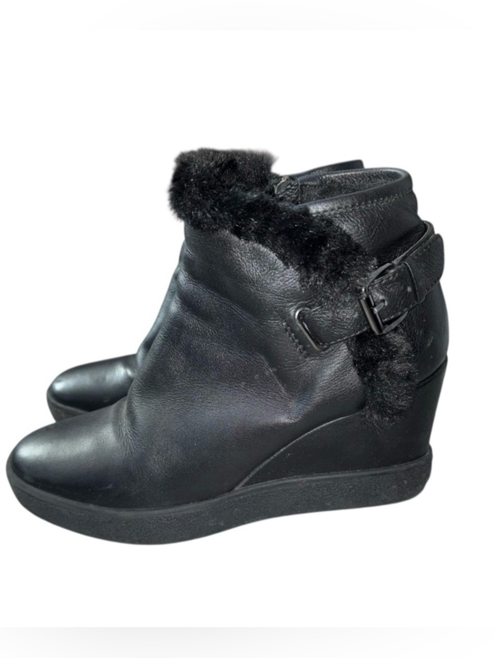 AQUATALIA Black Leather Wedge Boots Faux Fur Trim Zip Up US 8